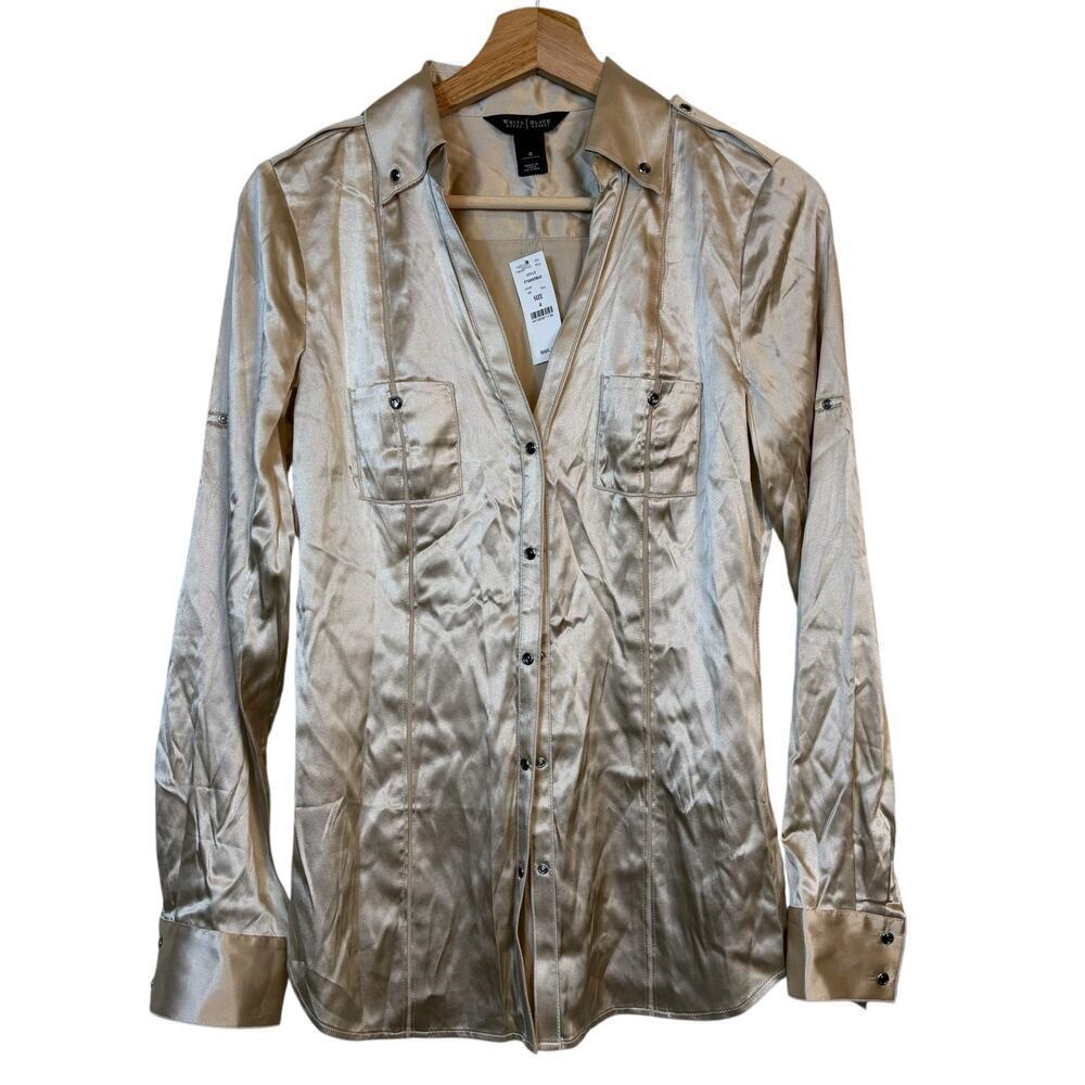 White House Black Market Satin Silk blend Button Up Shirt size 4 Gold NWT